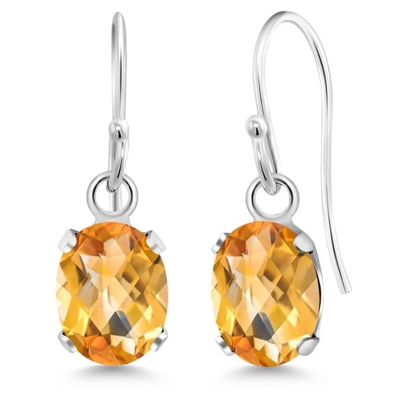 Gem Stone King 925 Sterling Silver Yellow Citrine French Wire Dangle Hook Earrings for Women (1.40 Cttw, Gemstone November Birthstone, Oval Checkerboard 7X5MM)
