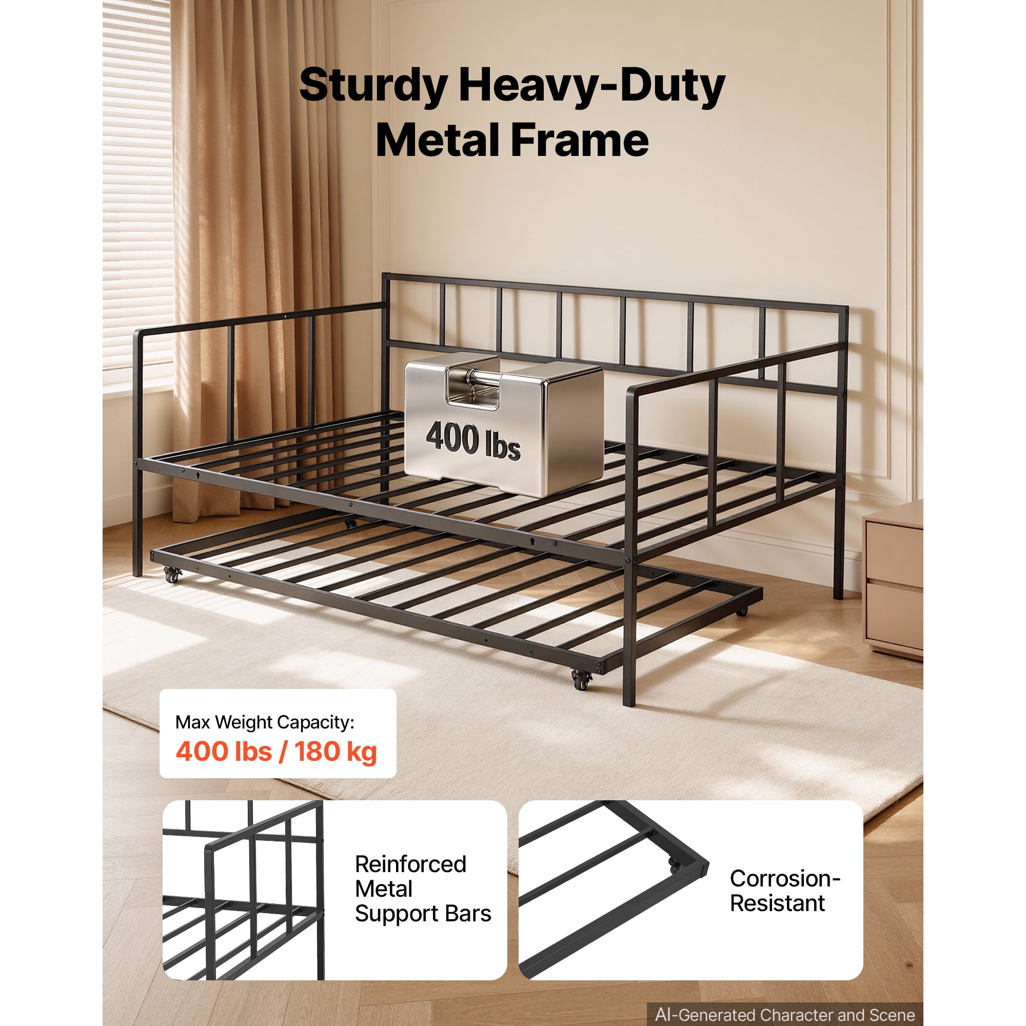 KFFKFF Full-Size Daybed with Pop-Up Trundle Twin Metal Frame, Ideal for Living Room, Bedroom, Durable Metal Construction, Space-Saving Design, Includes 2 Lockable Casters, Simple Assembly, Black