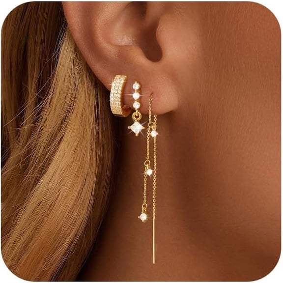 Soleilie 14K Gold Plated Chain Earrings for Women 3/4 Pairs Dangle Dainty Stack Hoop Earrings Set Trendy Cubic Zirconia Stud Earrings for Women Jewelry