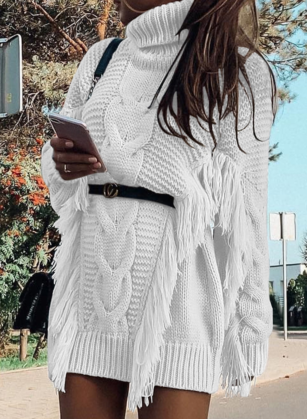 Asyoly Womens Winter Turtleneck Pullover Sweater Dress Ribbed Cable Knit  Tassel Sweater Jumper Dress - Walmart.com