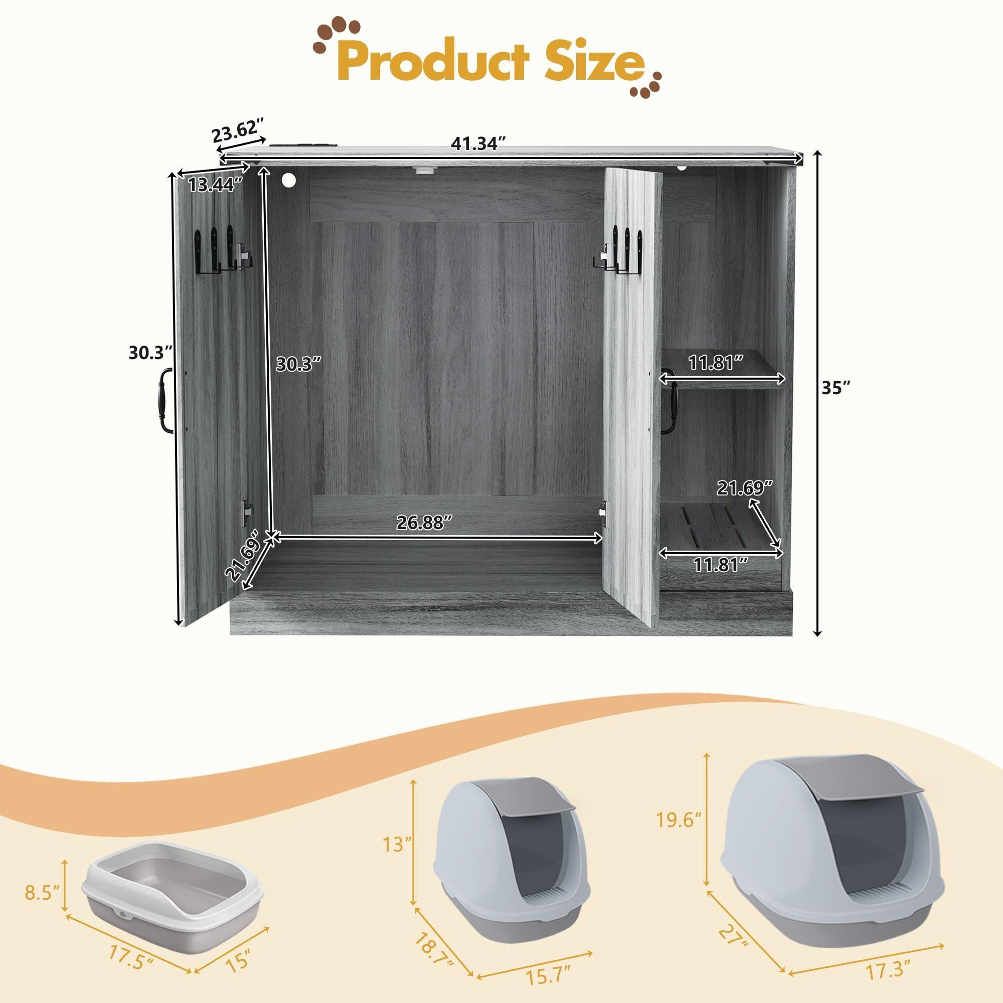 TOPCOMFY Cat Litter Box Furniture Modern Cabinet with Power Outlet Hidden Enclosure with Litter Catcher Adjustable Storage Shelves Gray for Large Automatic Litter Boxes