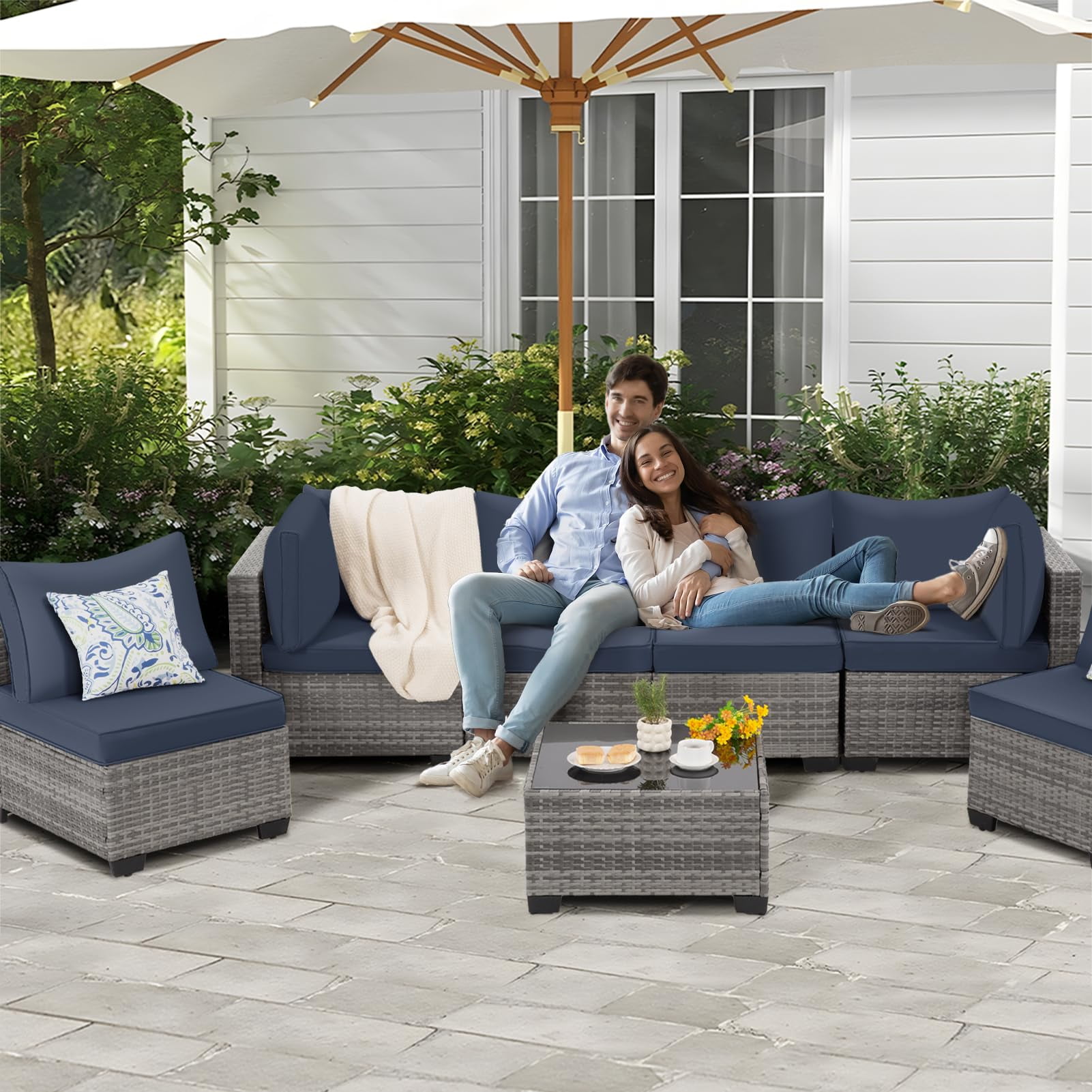 FHFO 7 Pieces Outdoor Patio Furniture Set, Outdoor Sectional Wicker Sofa with Thick Cushions All Weather Modular Rattan Conversation Couch for Outside Porch Garden Backyard Grey-Navy Blue
