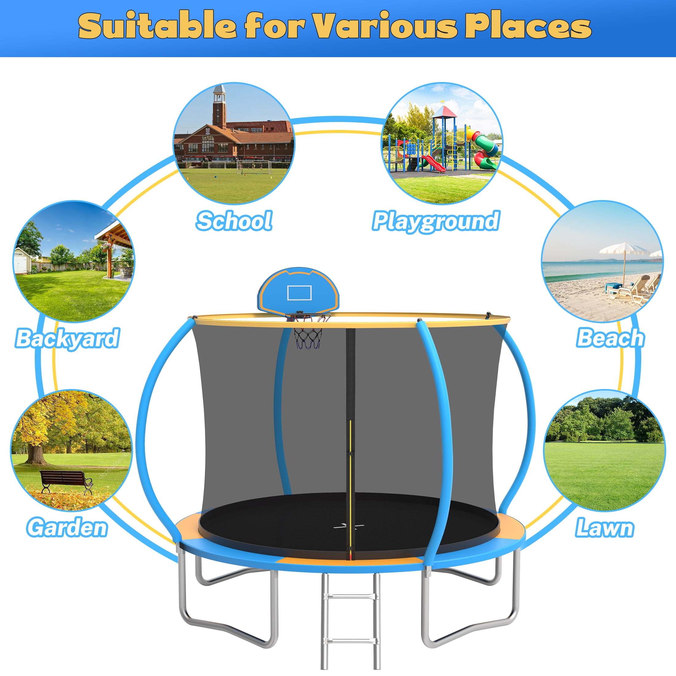 10FT Trampoline with Safe Enclosure Net for Kids and Adults, SEGMART Outdoor Trampoline with Basketball Hoop, Recreational Trampoline with Ladder for Backyard Garden Patio