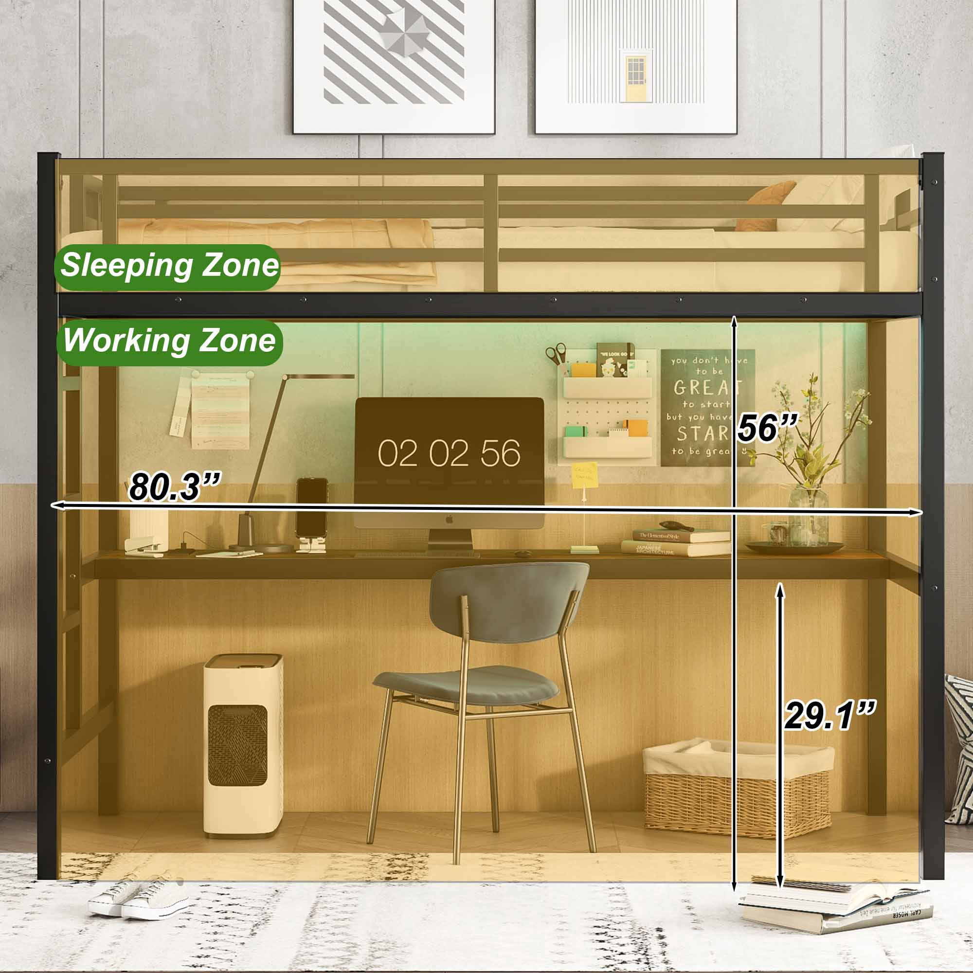 Miniyam Twin XL Metal Loft Bed Frame with Gaming-Friendly Desk & LED Light, Black