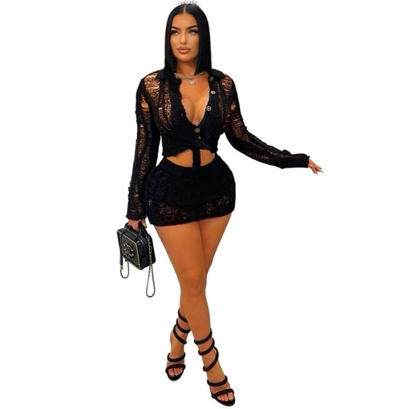 LYMAYTER Women's Crochet Two Piece Sets Long Sleeve Hollow Beach Dress Set Button-Down V-Neck S-XL