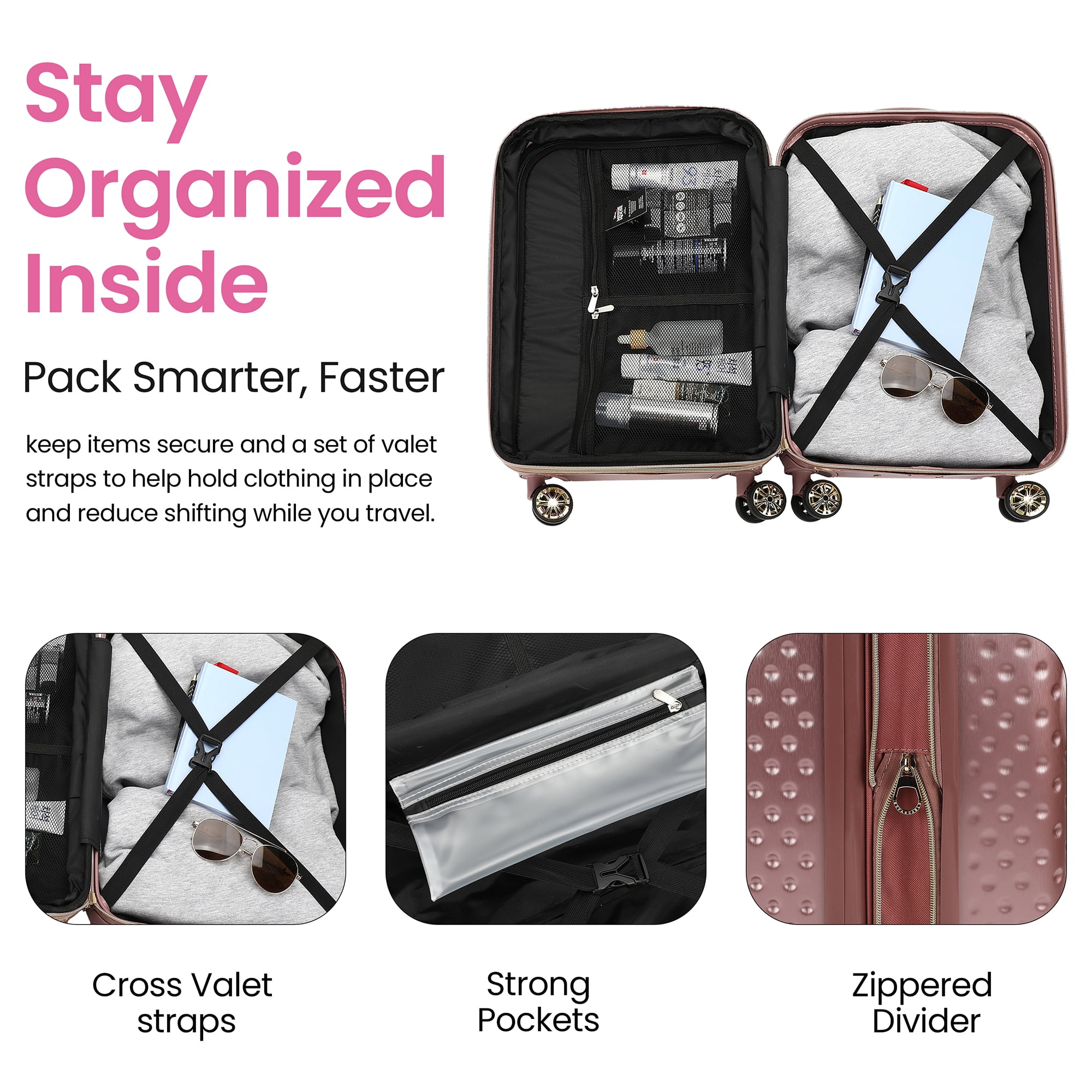 Disney Minnie Mouse 20 Inch Carry On Rolling Luggage, Rose Gold Hardshell Spinner Suitcase with 8 Wheels, Retractable Handle, Valet Straps & Zippered Packing Curtain, Expandable, Officially Licensed