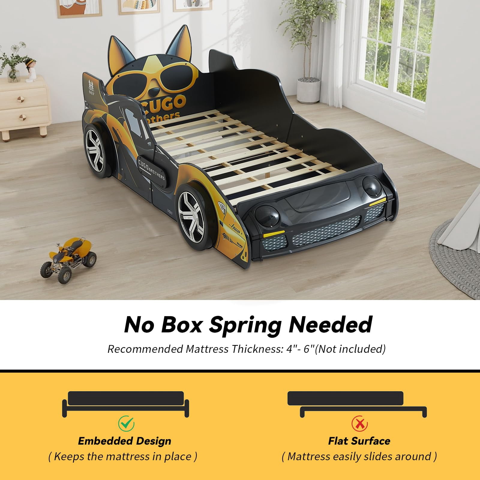 Twin Size Car Bed for Kids, Wooden Platform Bed with Cartoon Dog Headboard, LED Lights, and Built-in Slats for Toddlers & Boys