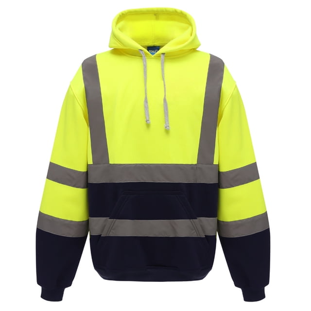 Men's Solid Color Reflective Hooded Sweatshirt Long Sleeve Sweater Top Loose Road Work High Visibility Pullover (Yellow&Navy,S)