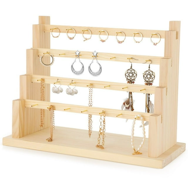 Soporte para exhibición de aretes, soporte para aretes de 4 niveles, exhibición de joyas de madera, estructura duradera, fácil de instalar, gran capacidad, para vender la colección de aretes en estant