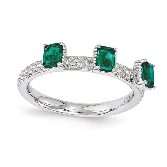 White Sterling Silver Ring Band Stackable Emerald, Lab Created Octagon Emerald Green