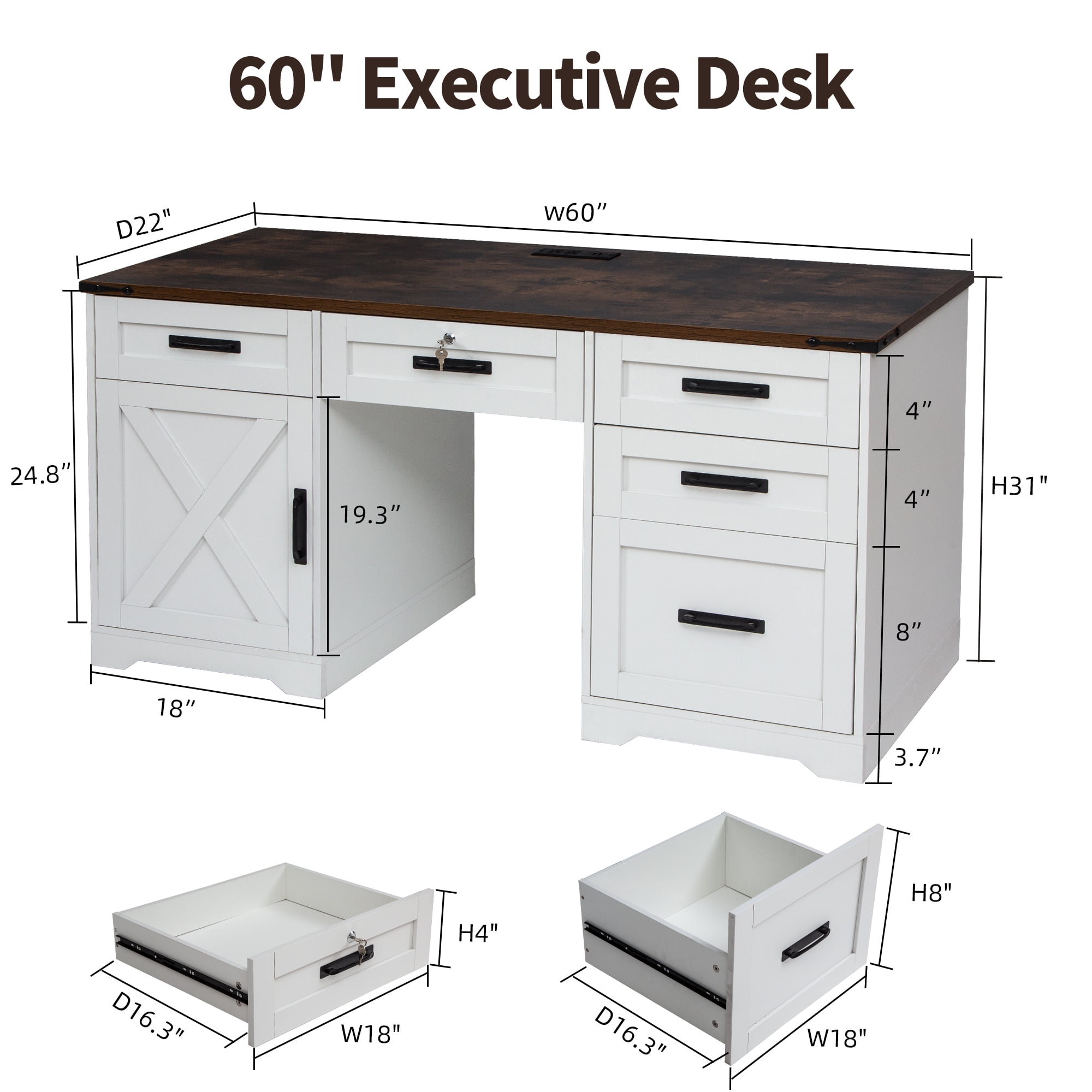 Haverchair 60" Farmhouse Executive Desk with 5 Drawers, Home Office Desk with Storage and Charging Station, Wooden computer Workspace with Lock, Cabinet with adjustable shelf for Work Study, White