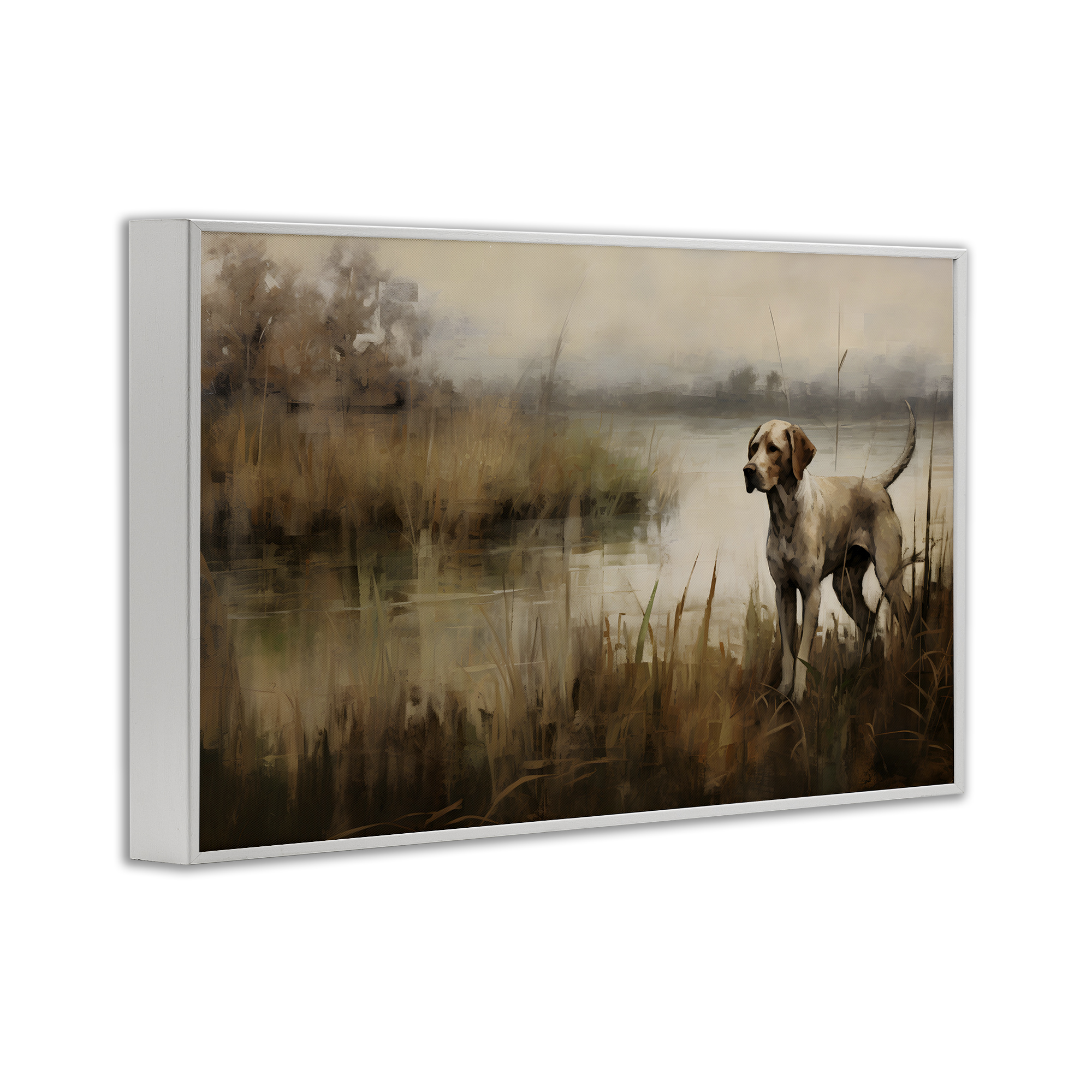 Stupell Industries Hunting Dog in Nature Landscape Painting White Framed Art Print Wall Art, 18 x 12