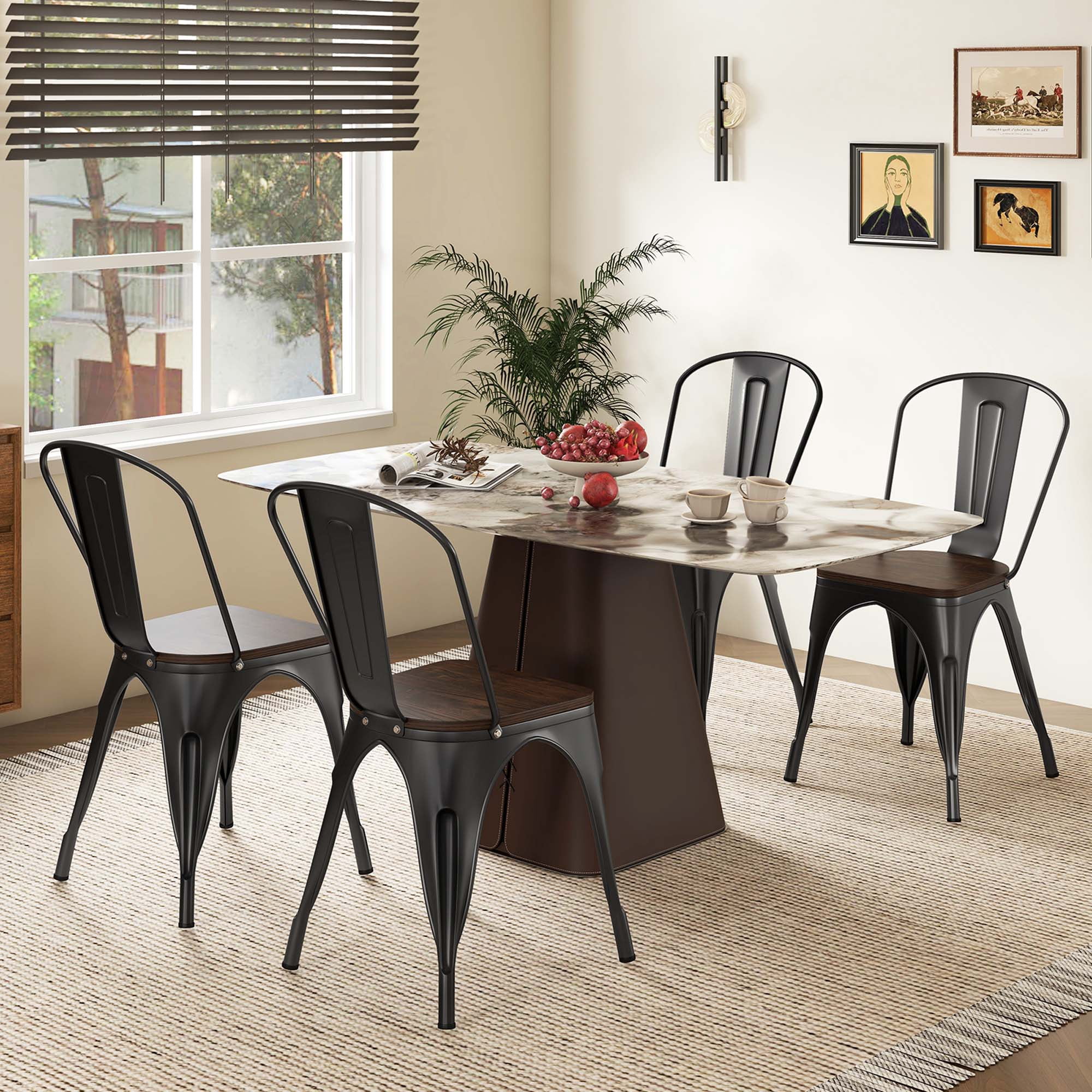 Gymax Tolix Style Metal Dining Chairs Set of 4 w/ Wood Seat & Removable Backrest Black
