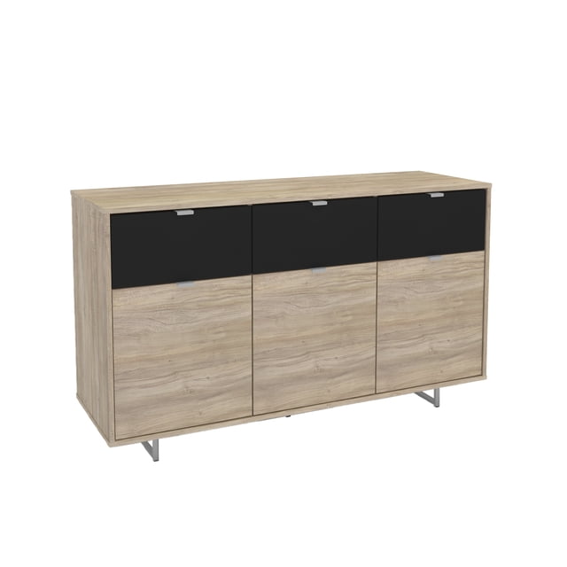 mueble para sala lima miel loomber Mueble de almacenamiento bicolor en roble claro y frentes negros, vista frontal centrada; cuerpo rectangular con tres puertas inferiores de veta visible, tres puertas superiores negras con tiradores metálicos y patas metálicas en U, diseñado para sala o comedor y para ampliar el espacio de organización; a menudo se usa también como mueble auxiliar para TV o consola de entrada.
