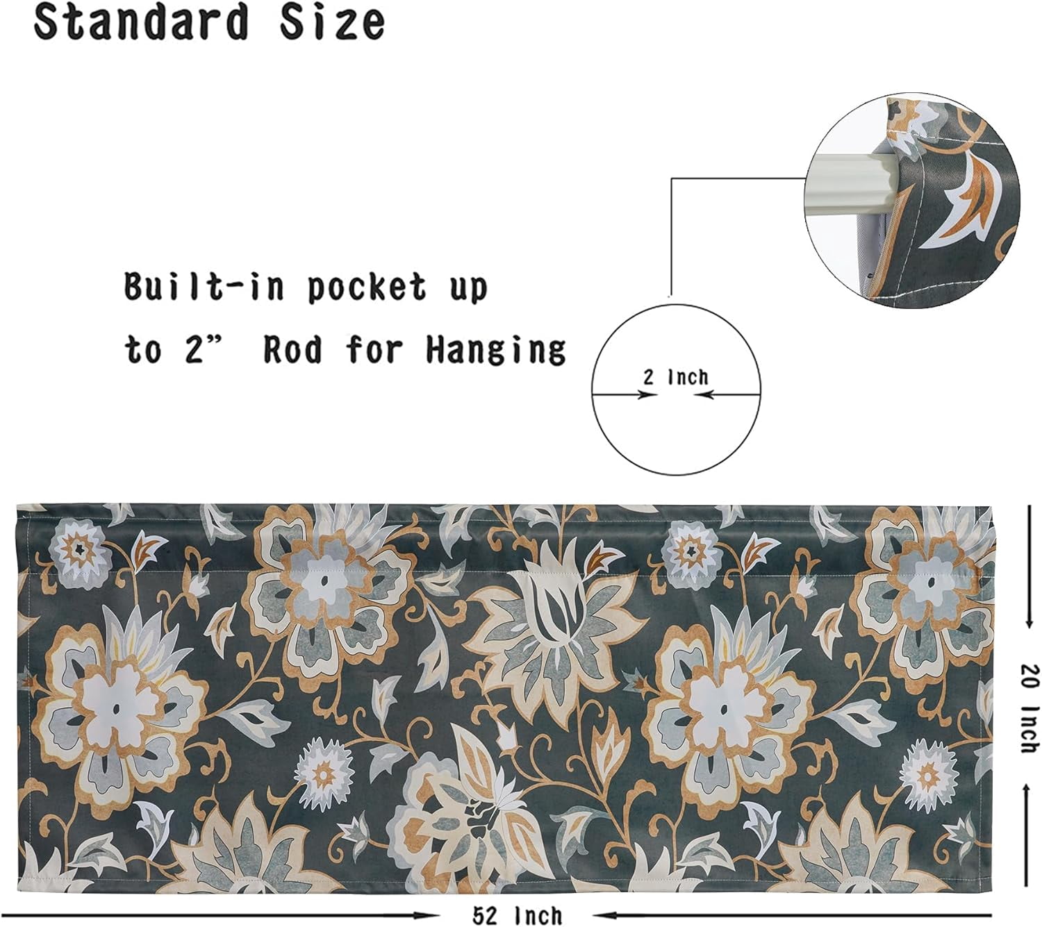 Boho Floral Valances for Windows 18‘‘L Moody Black Vintage Hippie Tribal Chic Valance Curtains Blackout Privacy Short Small Window Curtain Country Farmhouse Kitchen Valance, Rod Pocket