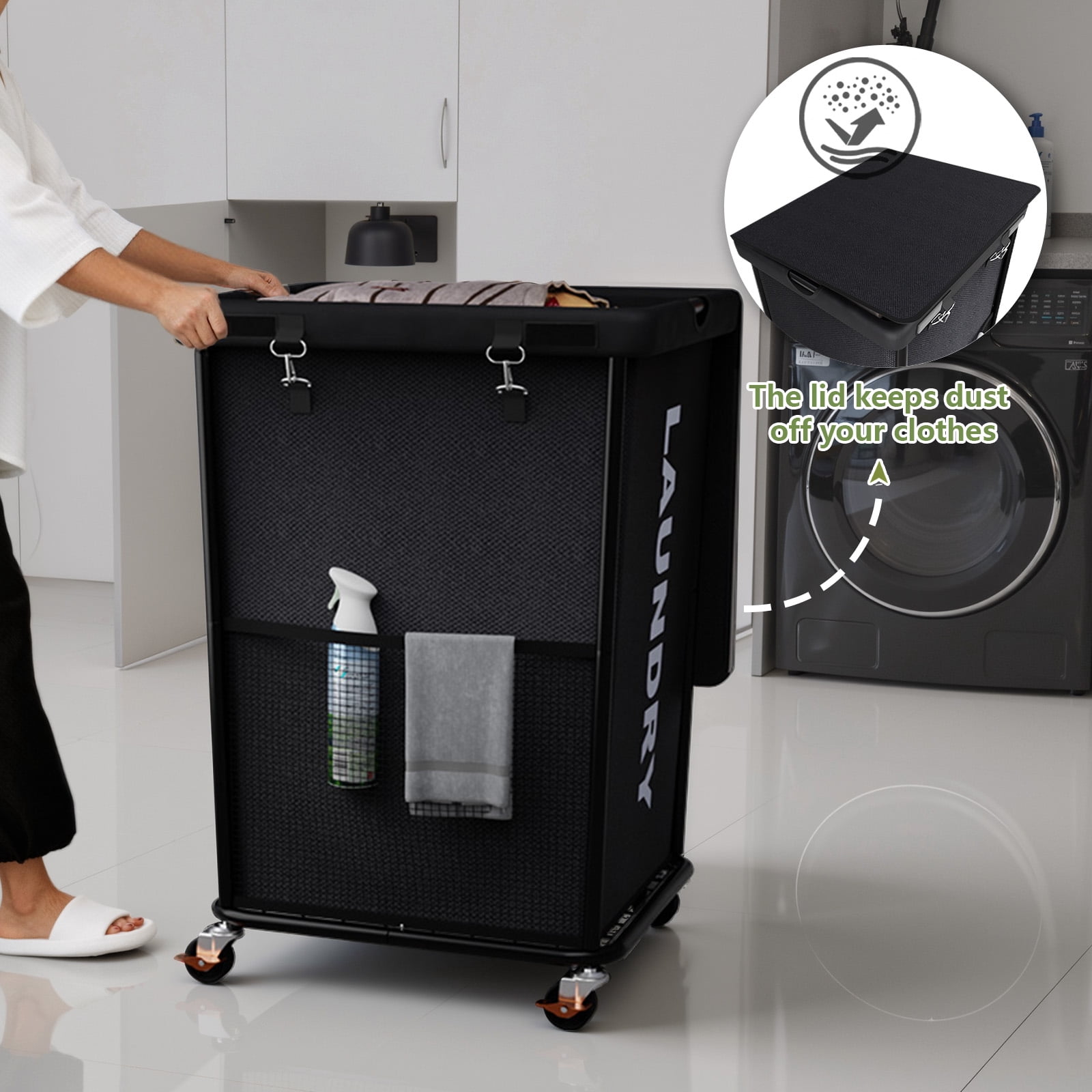 150L Laundry Hamper with Wheels, Rolling Laundry Basket with Metal Frame and Removable Bag, Large & Tall Dirty Clothes Hampers for Bedroom Aesthetic, Laundry Room, Bathroom, Dorm-Black
