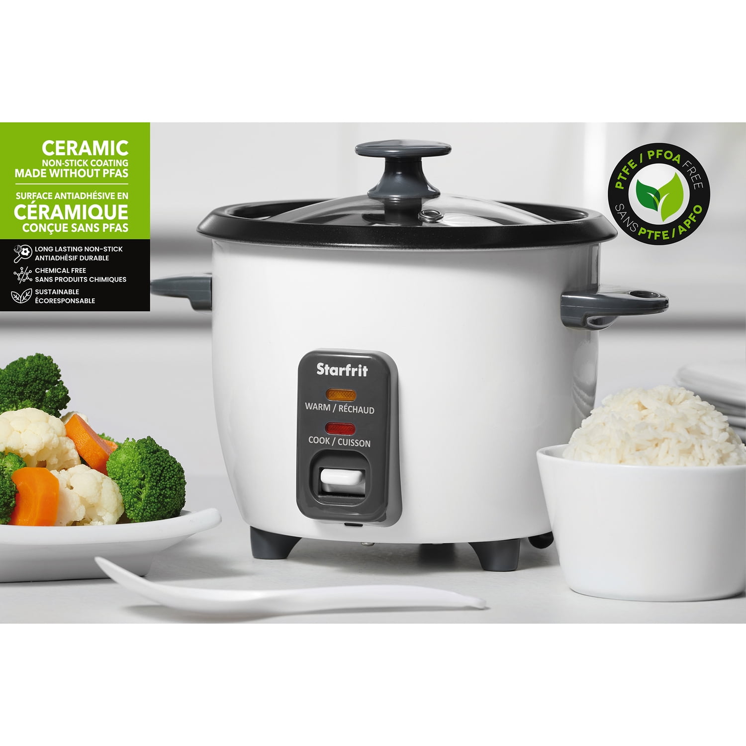 Starfrit 3-Cups Uncooked/6-Cups Cooked 300-Watt Electric Rice Cooker with Ceramic Coating, White, 024734-001-0000