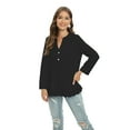 thumbnail image 2 of Aosijia Women Button Tops Small V Neck Openwork Embroidered Wavy Shirt Long Sleeve Loose Blouse Black, 2 of 8
