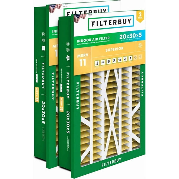 Filterbuy 20x30x5 MERV 11 Allergen Defense, Pleated HVAC AC Furnace Air Filters for Honeywell Return Grille (2-Pack)
