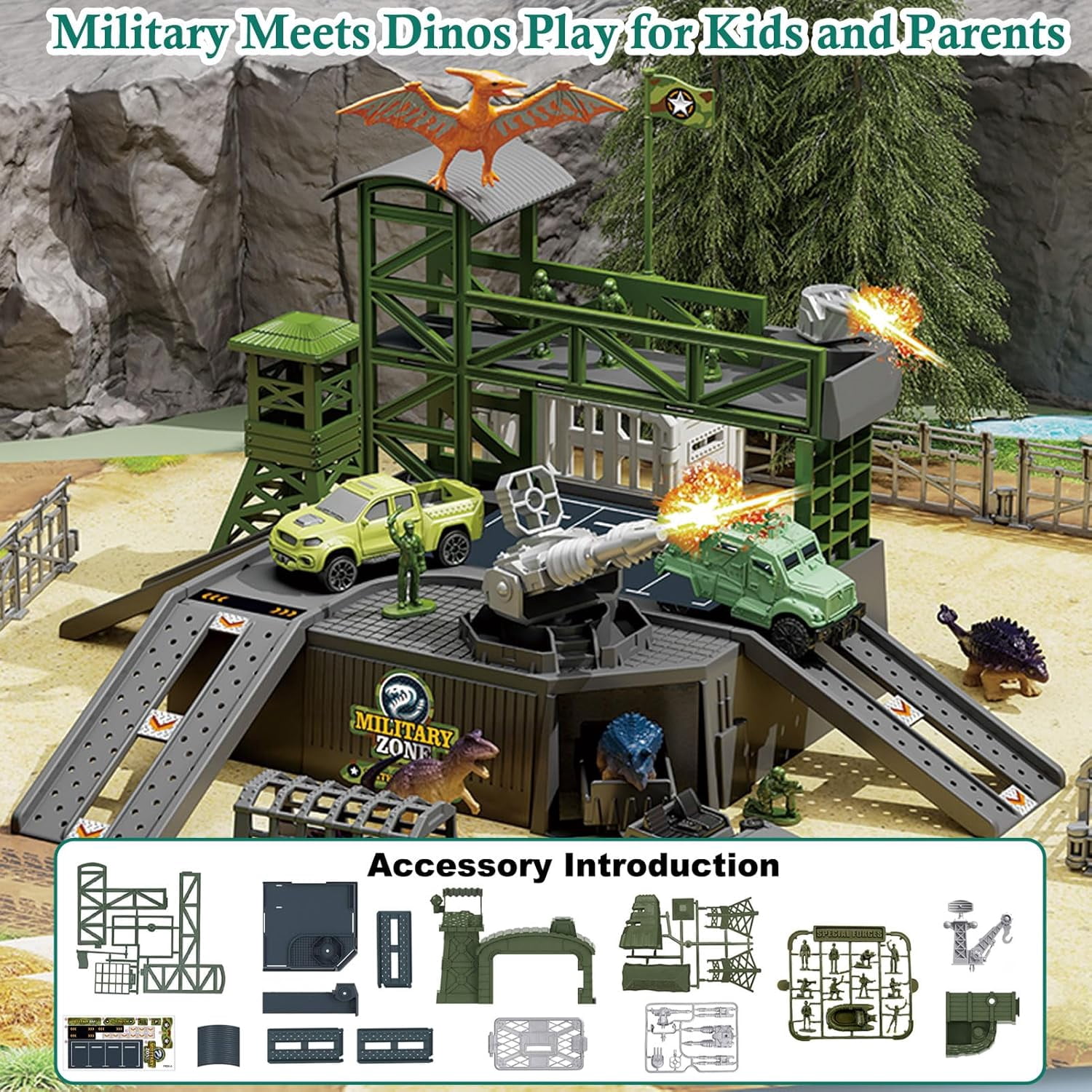 STEM Military Dinosaur Battle Playset - 56 Piece Army Toy Set with Soldiers, Helicopter, Je-ep, Trucks, Cannon, Tents & Battle Mat - Educational Combat Toys for Boys Ages 3-12
