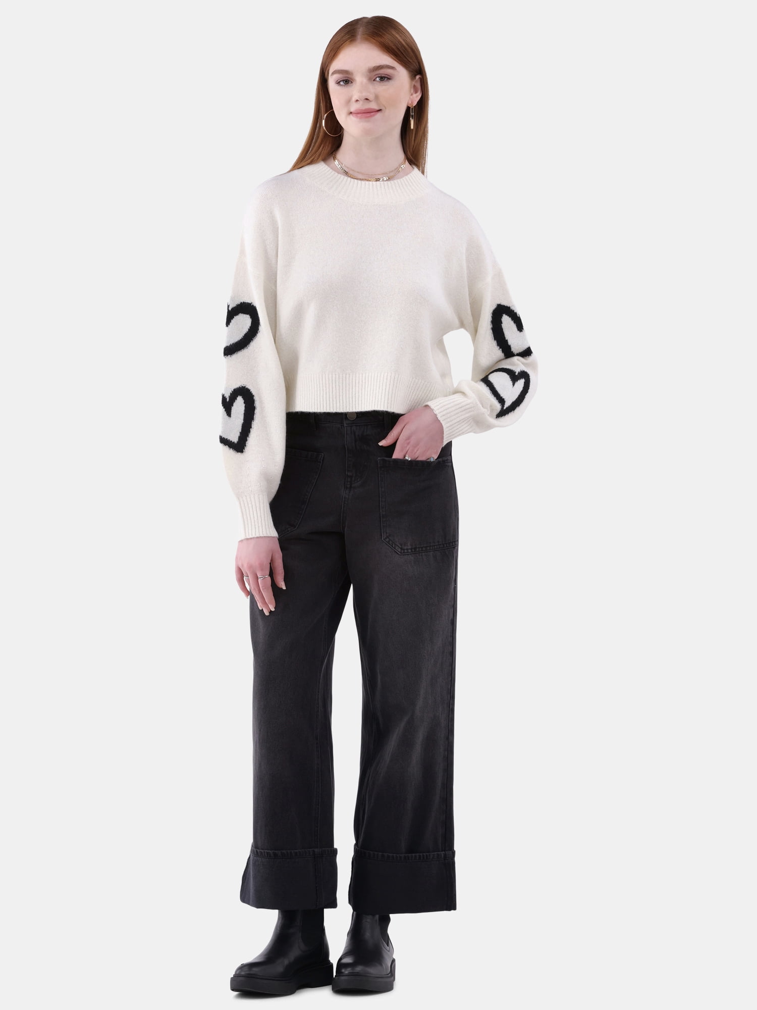 No Boundaries Crewneck Pullover Motif Sleeve Sweater, Women’s