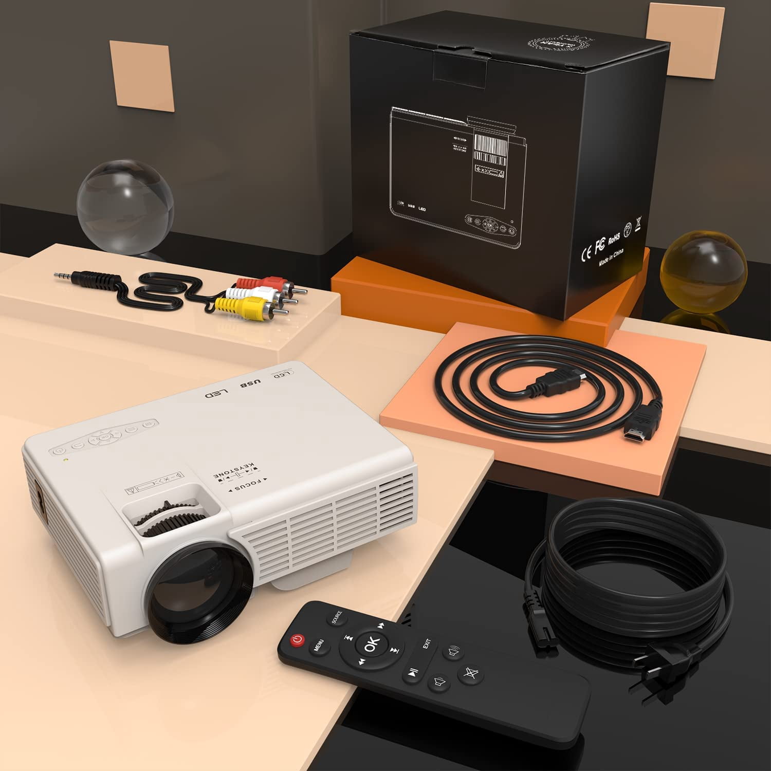 DR. J Professional Mini Projector with Bluetooth 5.2 and Screen, HD 1080P Movies Projector, 200" Screen Supported