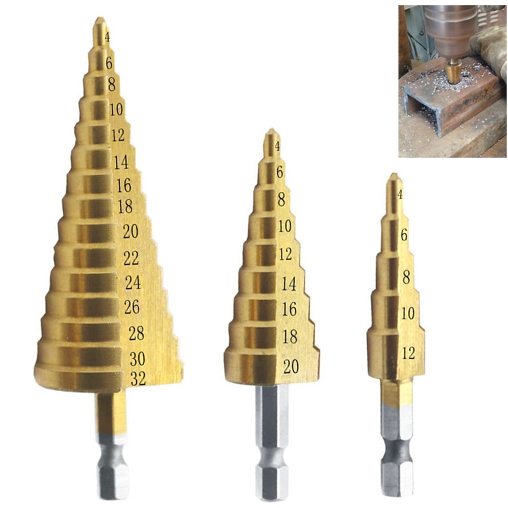 3pcs Metric HSS Steel Cone Titanium Coated Step Drill Bits Set Hole Cutter Tool 