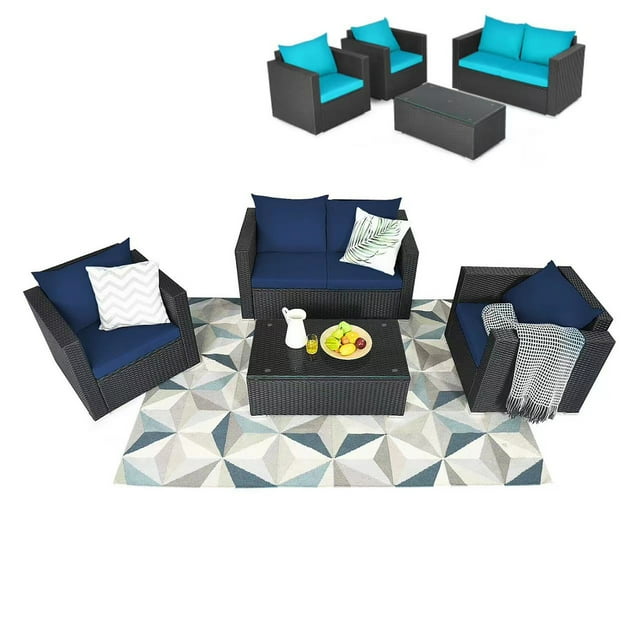Gymax Ensemble de Conversation en Rotin 4 Pcs pour Patio, Ensemble de Meubles d'Extérieur avec Coussins Bleu Marine et Turquoise