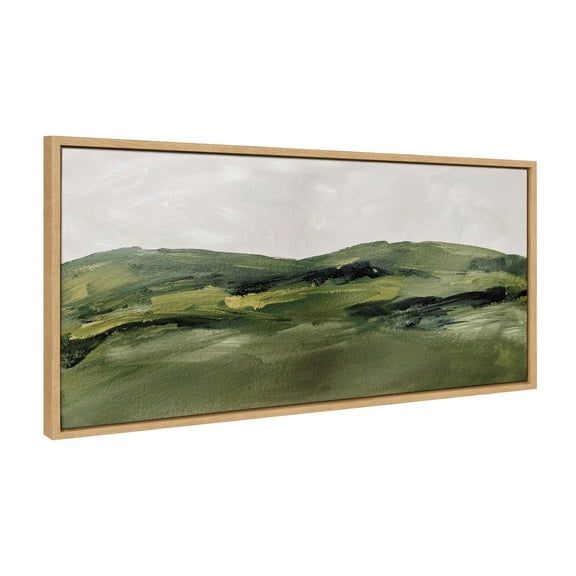 Kate and Laurel Sylvie Green Mountain Landscape Framed Canvas Wall Art by Amy Lighthall, 18x40 Natural, Modern Soft Watercolor Nature Landscape Art for Wall Home Decor