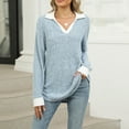 thumbnail image 5 of STETMN Women Sweaters Knit Long Sleeve Color Block Lapel V Neck Striped Tops Loose Blouses, 5 of 8