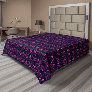 Nature Flat Sheet, Repetitive Pattern of Modern Floral Symmetric Leafy of Abstract Motifs, Soft Comfortable Top Sheet Decorative Bedding 1 Piece, King Size, Dark Purple Pink Violet, by Ambesonne