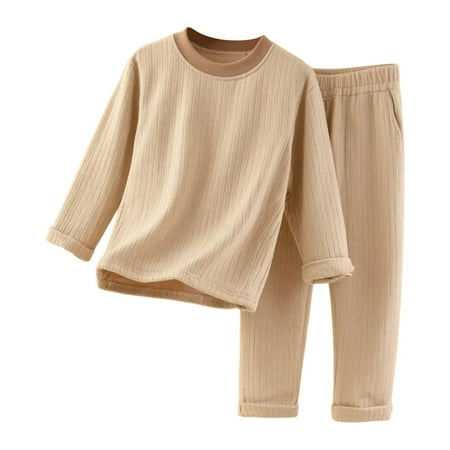 HNMKIU Girls Winter Thermal Pajama Set Long Sleeve Cozy Loungewear Soft Casual Home Outfit Comfortable Kids Sleepwear Coffee 12-18 Months