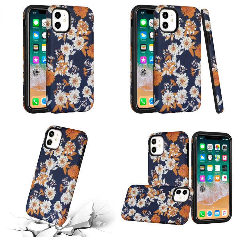Accessories Bundle Pack for iPhone 14 Pro Max Case - Heavy Duty Case  (Vintage Orange Flower on Blue), Screen Protectors, Earbuds, Car Charger,  UL Dual