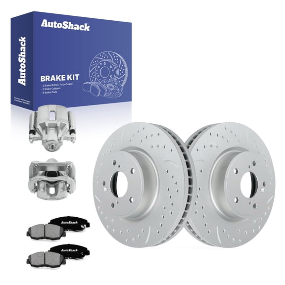 AutoShack Front Vented Drilled & Slotted Coated Brake Rotors Silver Matte Finish   Premium Ceramic Pads   Calipers 8-PC Brake Kit Replacement for 2003-2007 Honda Accord TurboGuard 11.1" (281.95 mm)