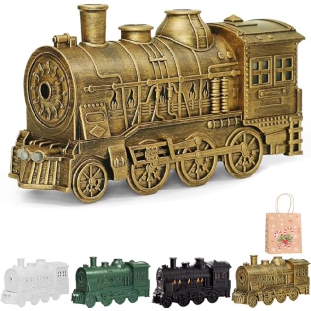 Diffuseur de Train, Humidificateur de Train Vintage, Double Sorties de Brume Fraîche, Diffuseur de Brume, Grande Capacité 300ml avec Télécommande, Veilleuse LED, Arrêt Automatique Silencieux (Bronze, Sans Télécommande)