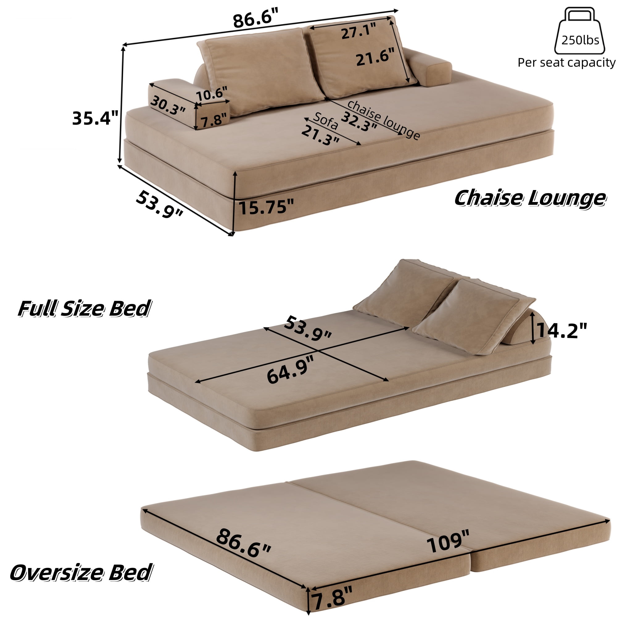 Miniyam Convertible Modular Floor Sofa Bed, Chenille Floor Couch with Backrest for Living Room, Camel