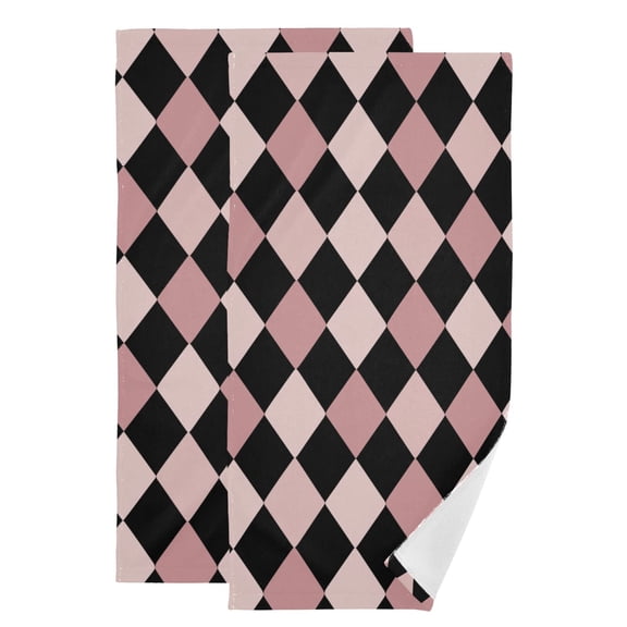 Pink and Black Rhombus Pattern Hand Towel Absorbent Bath Towels for Bathroom Sports Gym 28" x 14" Set of 2