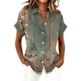 thumbnail image 2 of Bbyeadc Short Sleeve Button Up Shirts for Women Round Neck Top Floral Print Rolled Cuffs Top Casual Loose Summer Shirts with Pocket,Army Green(XXL), 2 of 6