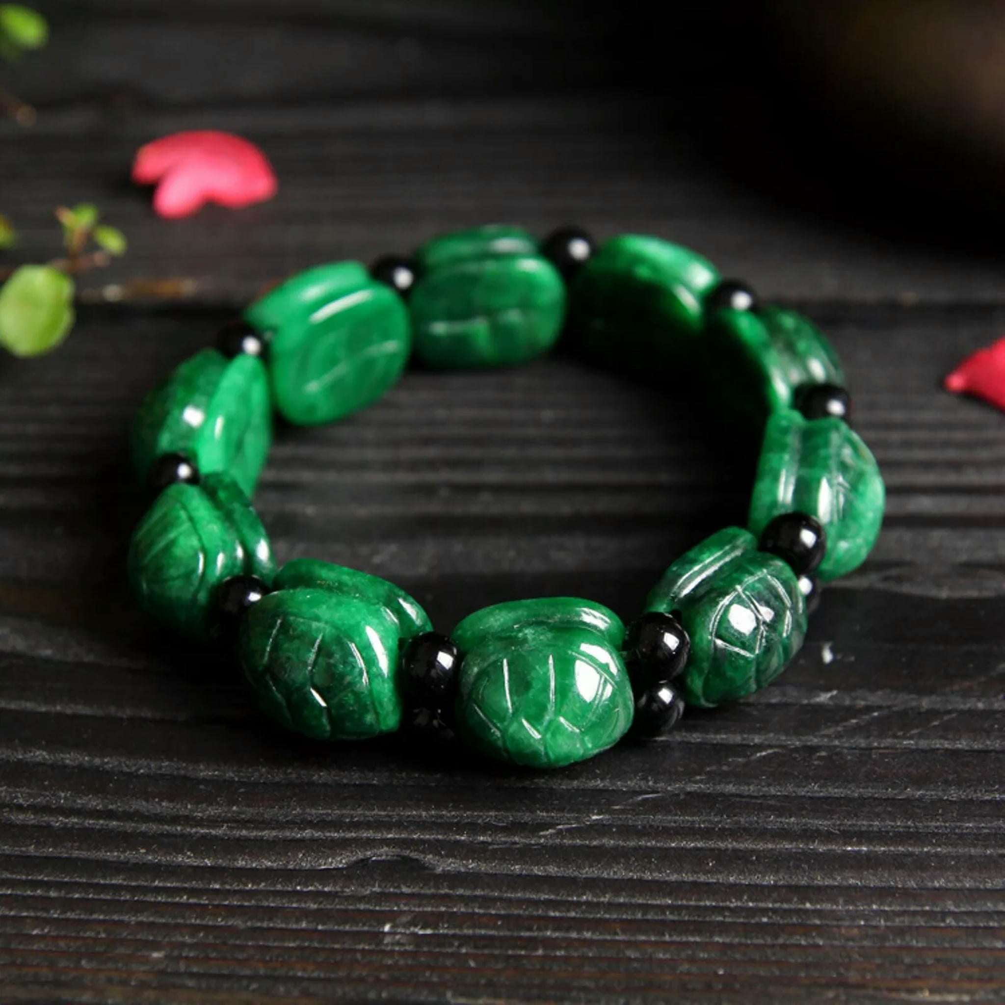 HOOUN Natural Jade Jadeite Bangle Women Lucky Green Turtle Shell Beaded Bracelet