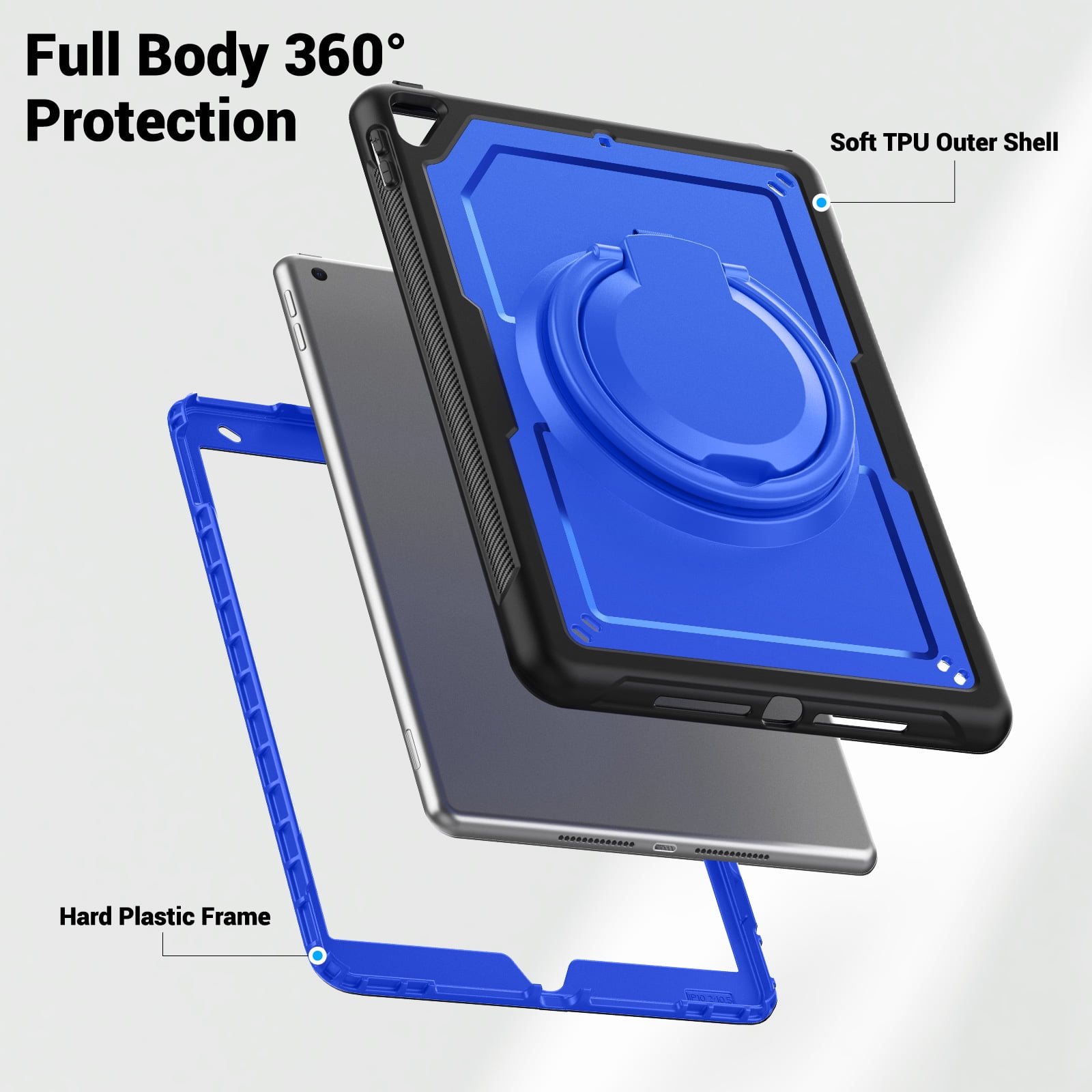 Shockproof Case for Apple iPad 9th 8th 7th Gen 10.2 Inch, Hybrid Protective Cover with Pencil Holder & Shoulder Strap Kids Friendly Rotating Kickstand Case for iPad 10.2" 2021/2020/2019,Darkblue