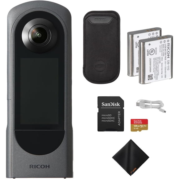 RICOH THETA X 360° Camera – 5.7K Video & Dual 48MP Sensor for Immersive Content Creation with Extra DB-110 Rechargeable Battery, 128GB Extreme Memory Card and Waith Cleaning Cloth Bundle Set