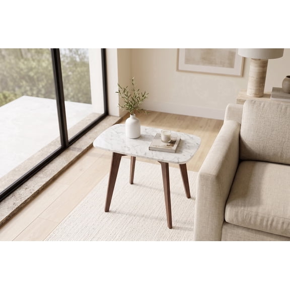 Marco 12" x 21" Rectangular Italian Carrara White Marble End Table with Walnut Legs