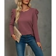 thumbnail image 3 of Camisas de manga abombada para mujer, Top de punto de gofre con cuello redondo de Color puro, camiseta informal elegante de manga larga, rojo ladrillo S, 3 of 8