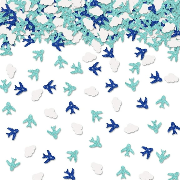100pcs Cloud & Airplane Confetti, Blue&White Glitter Plane Table Confetti, Boys Birthday Paper Scatters, Baby Shower/Retirement/Travel Theme Party Table Decoration