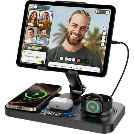 6 in 1 Wireless Charger for Apple Device, 30W Foldable Charging Station for ipad with Clock & 7 Color Ambient Light, Nightstand Wireless Charger for iPhone 16/15/14/iWatch Series/AirPods 4/3(Black)