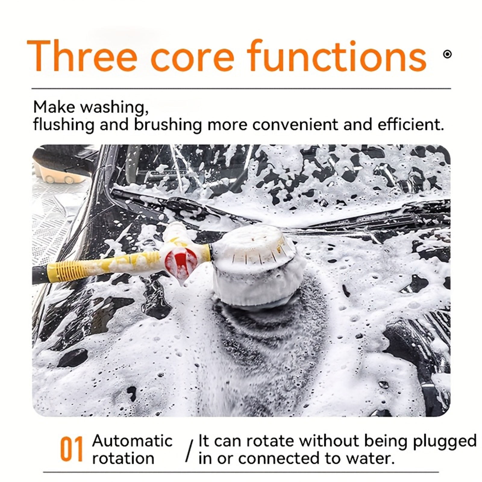 Auto Rotate Car Wash Brush with Soap Dispenser, Soft Microfiber Spinning Brush for Exterior Car Cleaning, Water Powered No-Scratch Bristles, Hose Attachment and Long Handle (47 inches)
