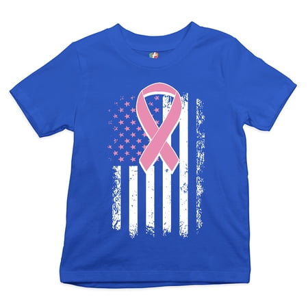 Tee Hunt Pink Ribbon Distressed Flag Kids T-Shirt Breast Cancer Awareness Boys Girls Tee Blue Small