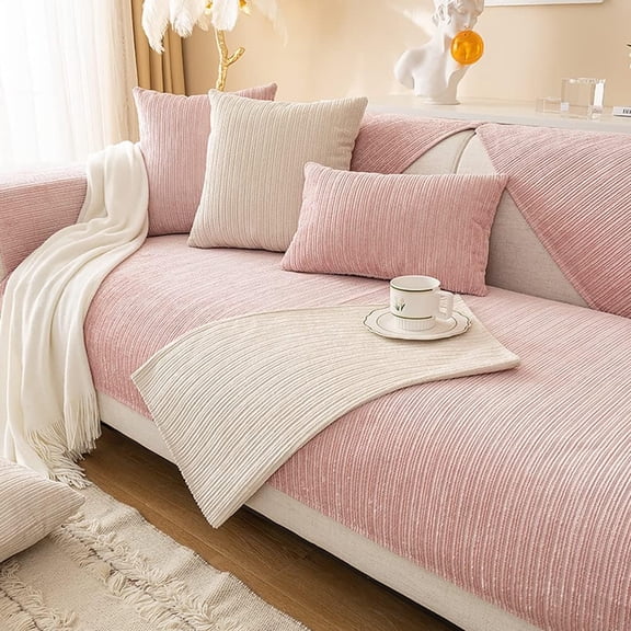 Nvzi Soft Chenille Sofa Couch Cover Solid Color Striped Weave Textured Sectional Couch Covers Washable Anti-Slip Sofa Slipcover for Dogs Pet, 1 Piece/Not All Set (Pink,35"x70")