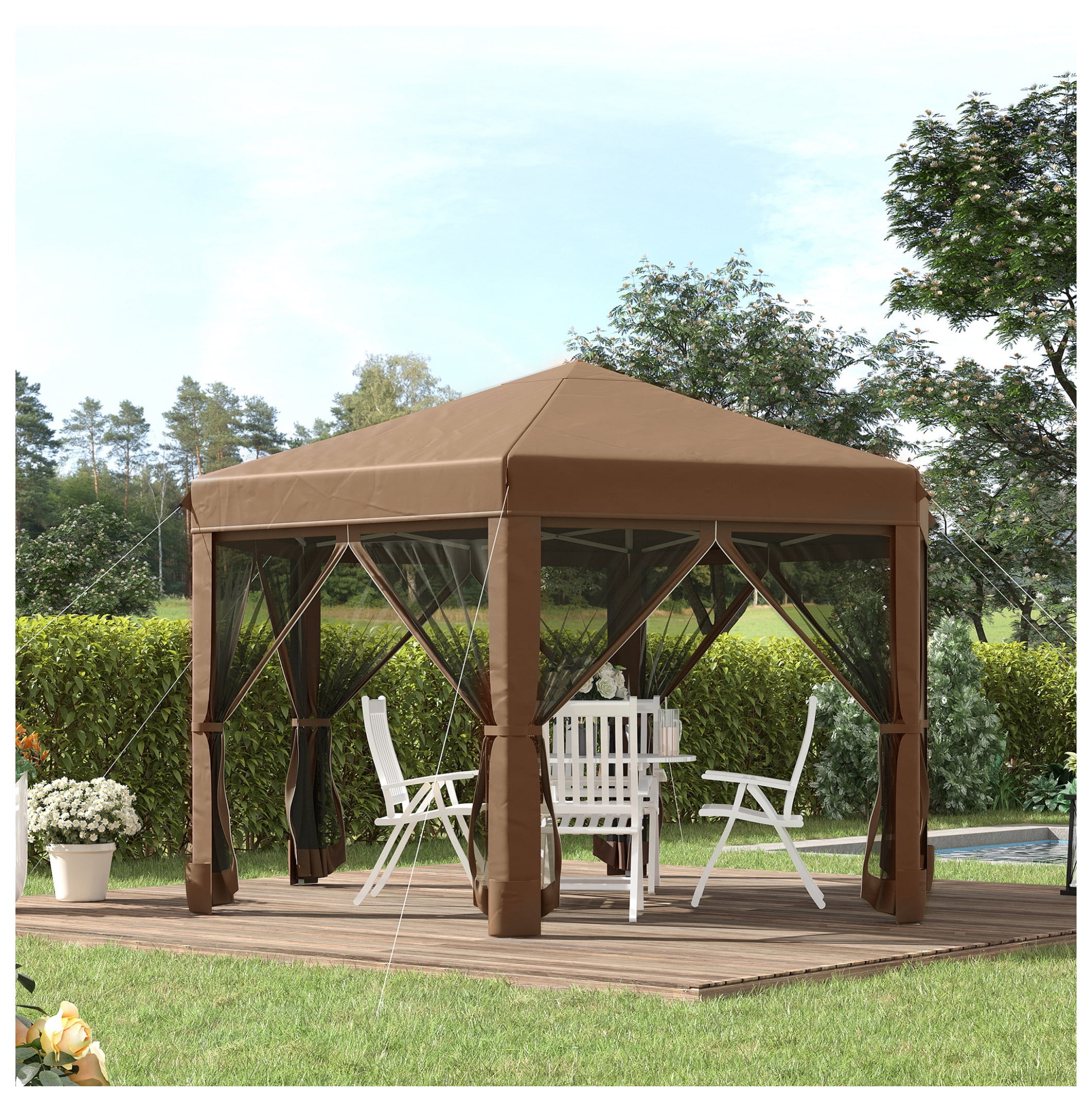 Outsunny 13' x 11' Hexagonal Pop Up Gazebo, Heavy Duty Outdoor Canopy Tent with 6 Mesh Sidewall Netting, 3-Level Adjustable Height and Strong Steel Frame, Brown
