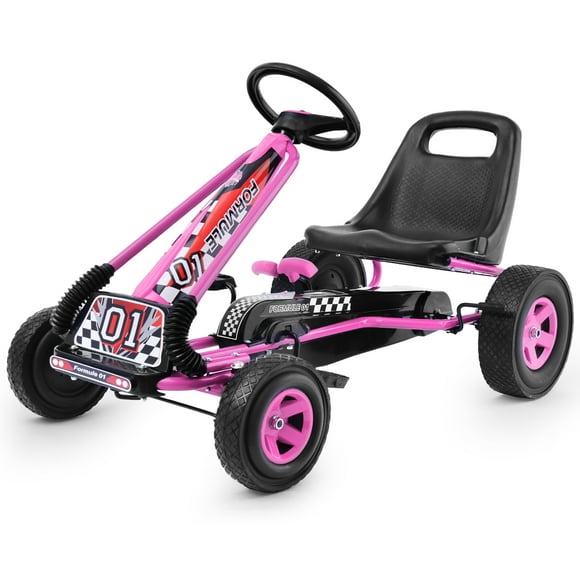 Costway Go Kart 4 Wheel Pedal Powered Kids Ride On Toy with Adjustable Seat Pink